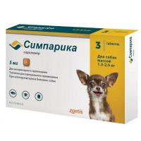 Симпарика Таблетки от блох и клещей (цена за 3 таблетки), 1,3—2,5 кг, 5 мг