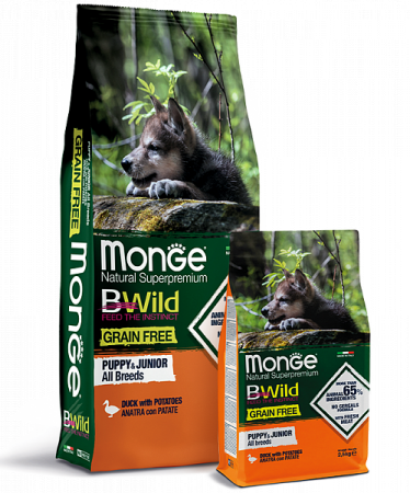 Monge Dog BWild Grain Free Puppy & Junior (утка, картофель) в зоомагазине Лепшы Сябар
